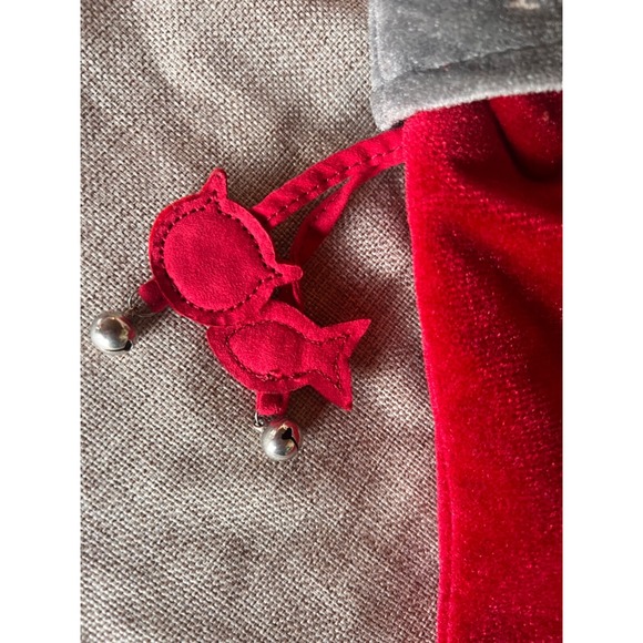 Christmas Stocking Meow Pet Cat Kitty Kitten Red Silver Fish Bells Velvet 15" - Picture 4 of 8